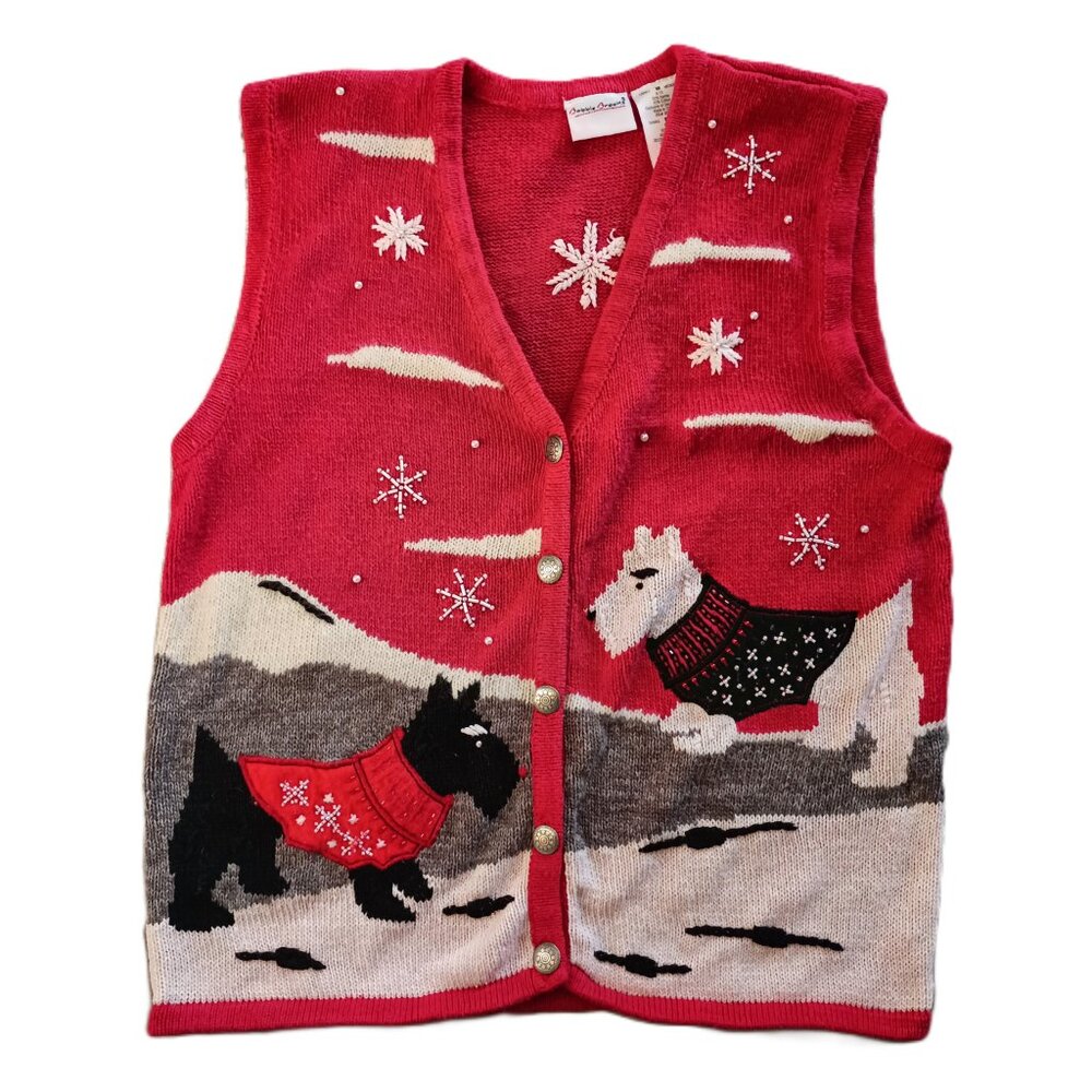 Vintage Bobbie Brooks Embroidered & Beaded Scottie Dogs Christmas Knit Vest Med
